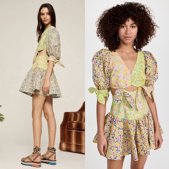 NWT ALEMAIS Daisy Spliced Puff Short Sleeve Cutout Open Back Ruffle Hem Dress 0 - Picture 5 of 16